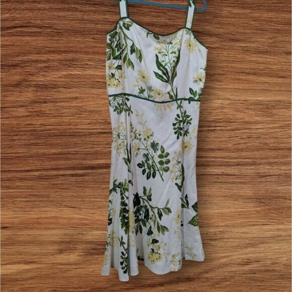 Ann Taylor Loft size 8 Sunflower Print  Linen Blend A-Line Dress  Green Trim - Picture 1 of 11